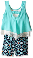 My Michelle Big Girls' Double Popover Romper With Printed Bottom and Lace Det...
