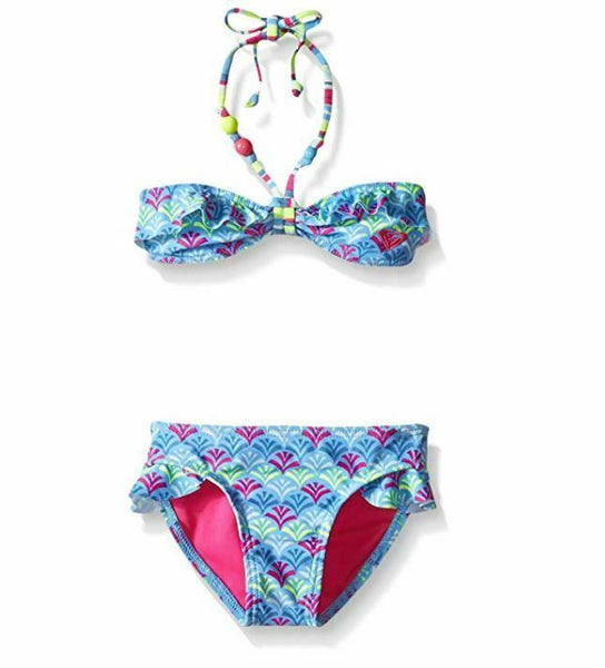 Roxy Big Girls' Island Tiles Ruffle Bandeau Swim Suit Set, Ethereal Blue, 16