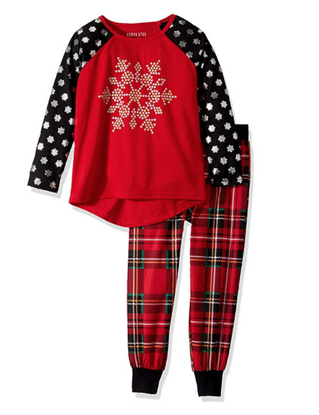 Komar Kids Girls' Big Snowflake Holiday Plaid Jogger Sleep Set, red, X-Small