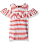 DKNY Girls' Little Short Sleeve T-Shirt, Stripe Ruffle top Burnt Coral, 6X