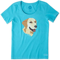 Life is good Women's Yellow Lab Patchwork T-Shirt, Cool Turquoise, M