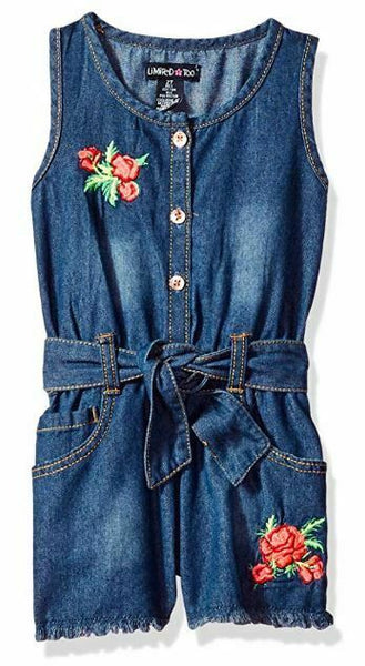 Limited Too Girls' Little Romper, Roses with Rips Medium Blue Denim, 4