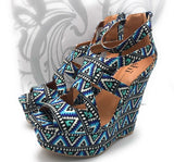 Shi by Journeys Womens Cabazon Platform Wedge Sandals, Black Blue Print, 6.5 M