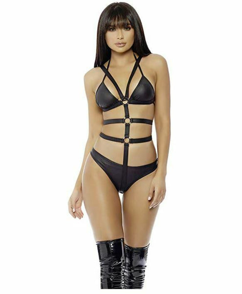 Forplay 2 Piece Faux Leather Triangle Bikini Set & Harness, Black, Sml/Med