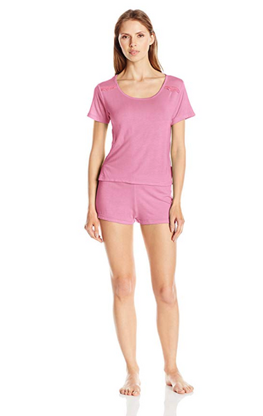 Bottoms Out Women's Modal Sleeve Tee and Short with Lace Trim Sleep Set, Pink S