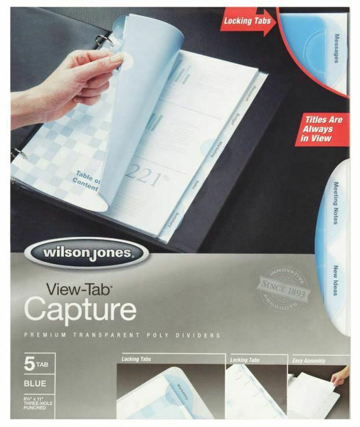 Wilson Jones View-Tab Capture Transparent Dividers, 5-Tab Set, Blue Round Tabs