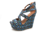 Shi by Journeys Womens Cabazon Platform Wedge Sandals, Black Blue Print, 6.5 M