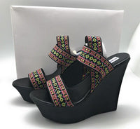 Madden Girl Women's Sabel Canvas Wedge Sandal, Multicolor Black, 8.5 US, New