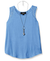 Amy Byer Girls' Big Knit Suede Sleeveless Top with Lace, Periwinkle Large