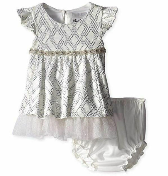 Rare Editions Baby Girls' Infant Textured Knit Social Dress, White/Silver, 24M
