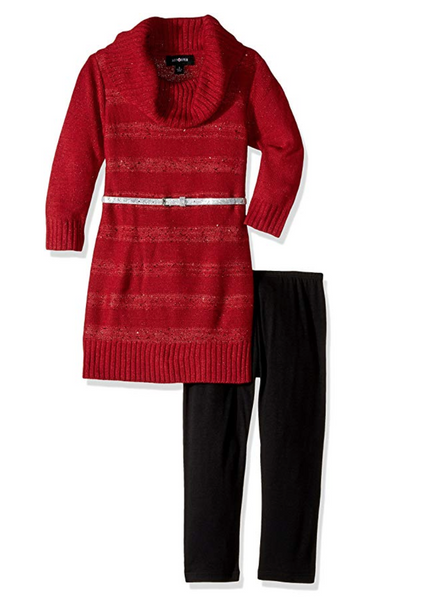 Amy Byer Girls' Big 3/4 Sleeve Sequin Stripe Cowl Set, red, S
