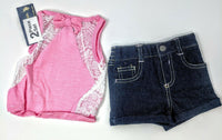 U.S. Polo Assn. Baby Girls' 2 Pc Lace Tank Top & Stretch Denim Shorts, Pink 3/6m