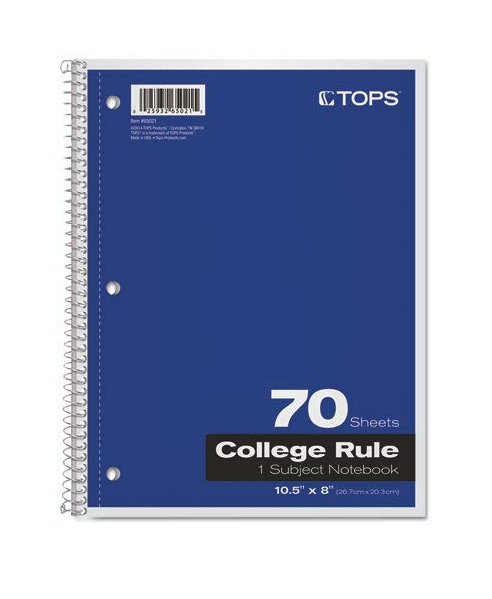 TOPS Coil-Lock Wirebound Notebook Blue 10.5 x 8 70 Sheets
