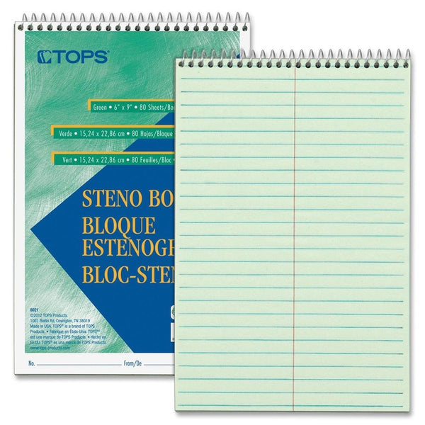 TOPS(R) Steno Books, 6in. x 9in., Gregg Ruled, 80 Pages, Green Tint