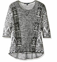 My Michelle Girls' Big High Low Sweater Top w/ Geometric Stripes, Black/Ivory, S