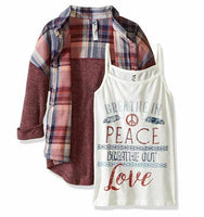 Beautees Girls' Big 2pc Long Sleeve Top with Peace Love Tank, Wine, Small