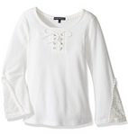 My Michelle Girls Big Long Top with Flare Sleeves with Crochet Inset Ivory Small