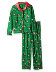 Peanuts Girls' Big Holiday Coat Style Pajama Set, Green, Medium