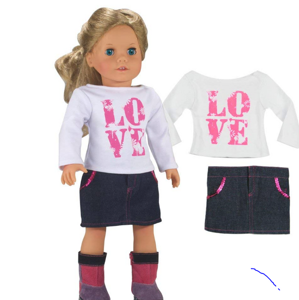 LOVE Shirt and Sequin Trim Denim Skirt Made by Sophia's