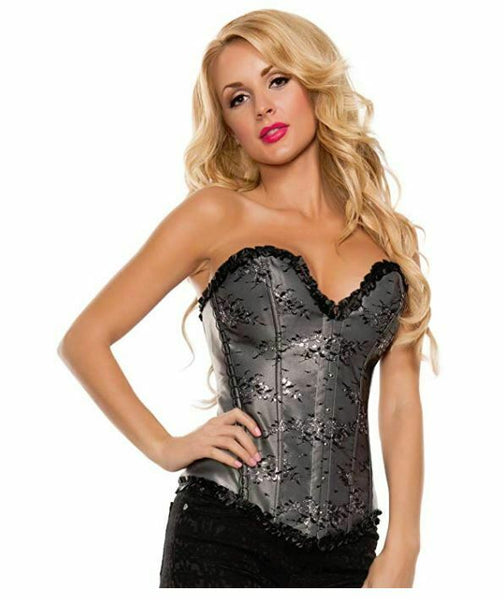 Starline Women's Shiny Jacquard Printed Corset with Ruffle Trim - Grey - X-Large